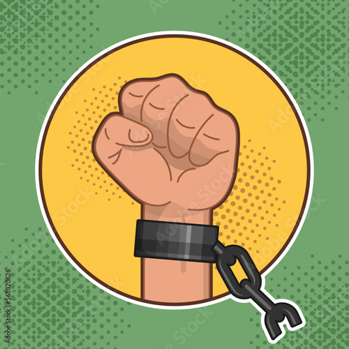 Clenched fist with broken chains in a round frame. An emblem, a sign as a symbol of the uncompromising struggle for one's own rights. Vector illustration