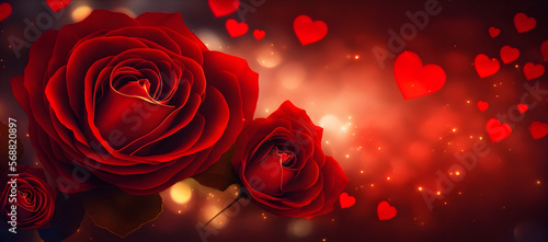 love red roses, abstract defocused with red hearts, bokeh lights, background - generativ ai © Luc.Pro