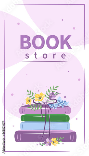 Layout design for bookstore, bookshop or library. Books with spring flowers. Vector illustration