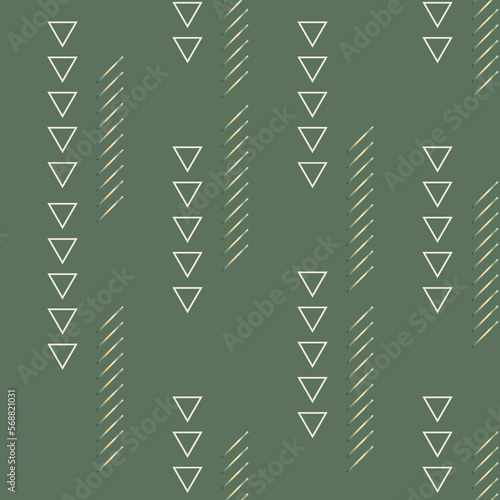 Seamless geometric vector pattern with triangles and lines on sage green background. Metallic gradient shapes is perfect for gift decoration, stationery, wallpaper, wrapping paper, prints, cards