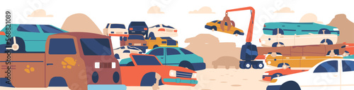 Crashed Cars Dump. Crane Manipulator Replacing Old Car. Used Vehicles Stand in Rows and Piled Up. Vector Illustration