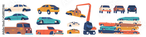 Dismantled Used Automobiles Icons Set. Manipulator Crane Holding Old Car without Wheels. Cartoon Vector Illustration