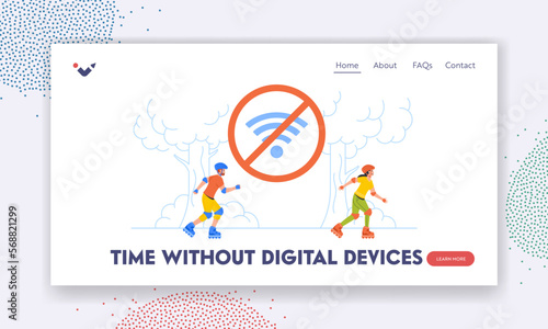 Time without Digital Devices Landing Page Template. Young Characters Rollerblading in Park. Active Recreation in Nature