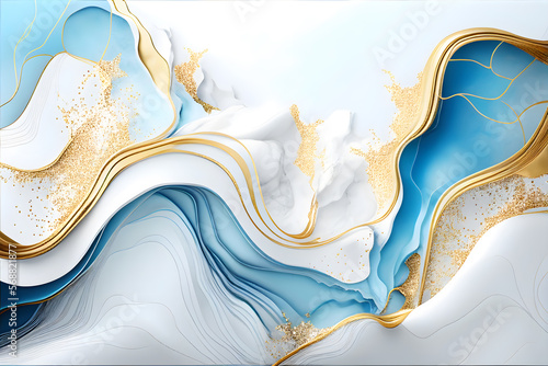 Swirl of blue gold marble abstract background, Liquid marble design abstract, light blue azure tones with golden, Paint marble texture. Alcohol ink colors, Generative Ai.