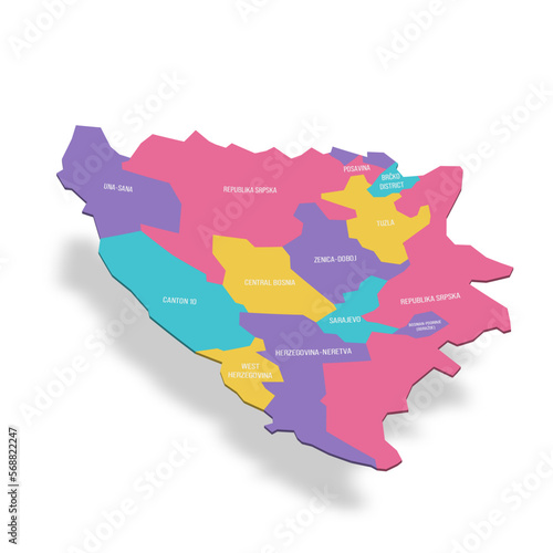 Bosnia and Herzegovina political map of administrative divisions - cantons of Federation of Bosnia and Herzegovina and Republika Srpska. 3D colorful vector map with name labels.
