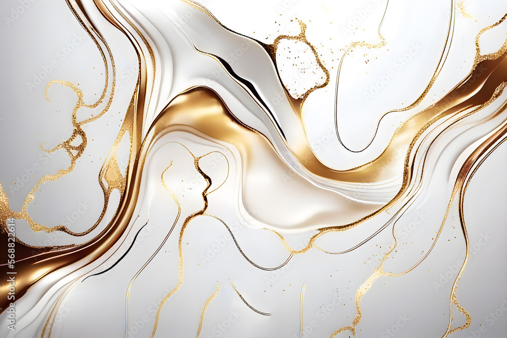 Swirl of white gold marble abstract background, Liquid marble design abstract, white azure tones with golden, Paint marble texture. Alcohol ink colors, Generative Ai.