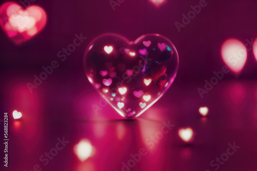 Glass hearts in neon light. Valentine's day background with hearts and lights, cyberpunk aesthetics