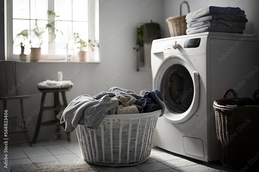 Laundry room with washing machine and pile of dirty clothes in basket. Domestic room interior. Ai generative Laundry room with washing machine and pile of dirty clothes in basket. Domestic room interior. Ai generative