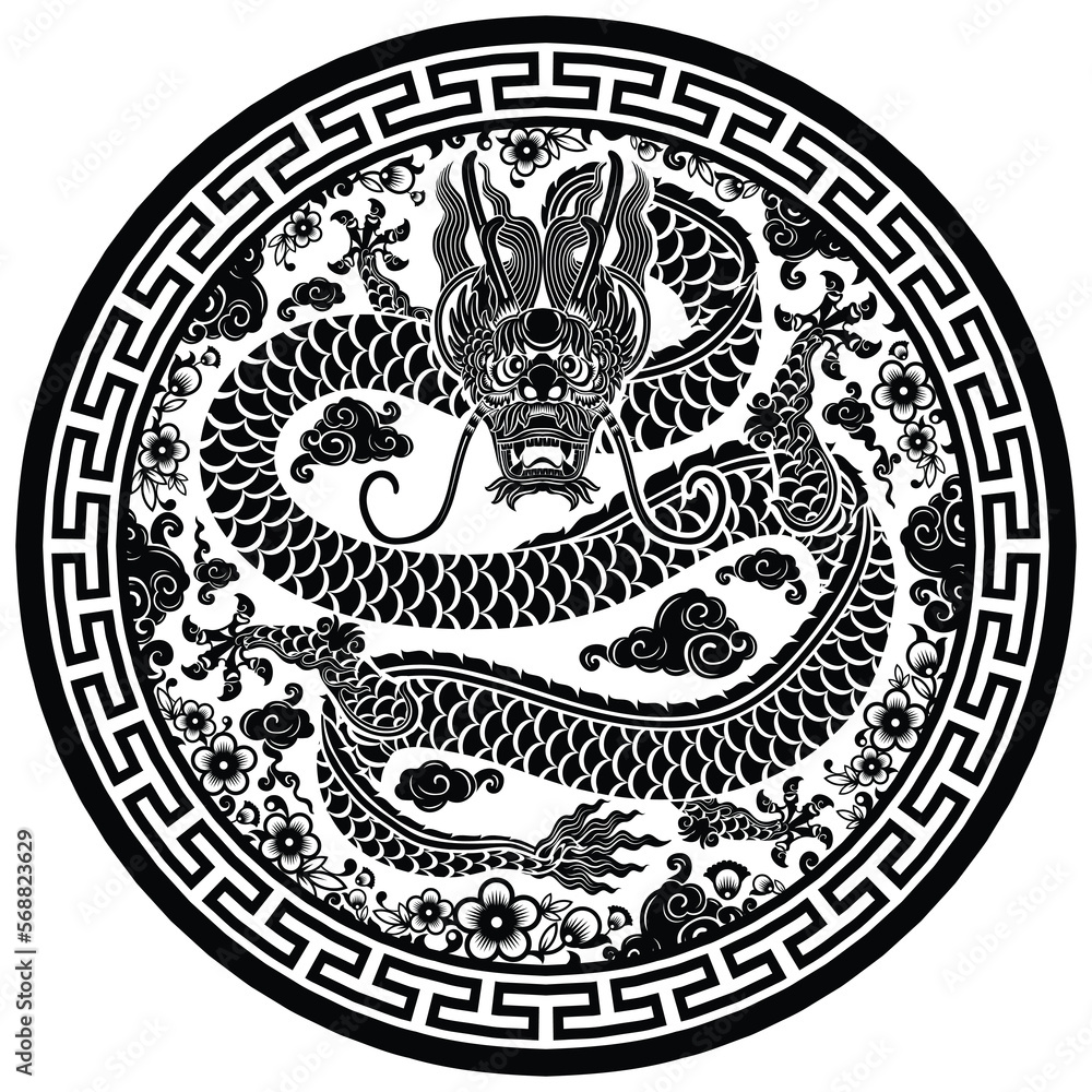 Obraz premium Happy chinese new year 2024 the dragon zodiac sign with flower,lantern,asian elements gold paper cut style on color background. ( Translation : happy new year 2024 year of the dragon )