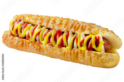 Hot dog garnished with mayonnaise, mustard and ketchup in a white bun