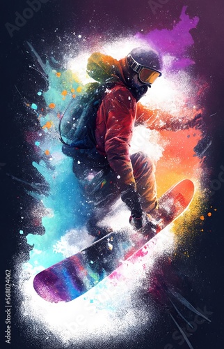 snowboarder  in colors   action illustration for poster or banner. ai generative
