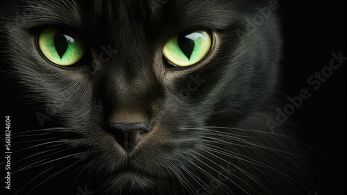 Extreme close up shot of a black cat with green evil cat eyes isolated on black background, generative ai