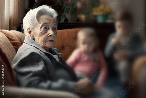 old woman has a negative feeling or problem or faded memory, in the background two grandchildren sitting on the sofa in the old living room, Generative AI