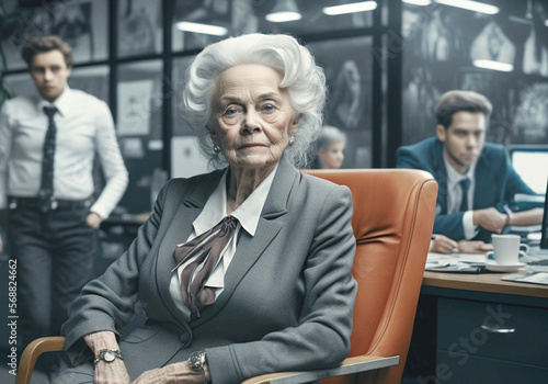 serious confident or strict old woman in a suit sitting on an office armchair in a negative mood office, Generative AI