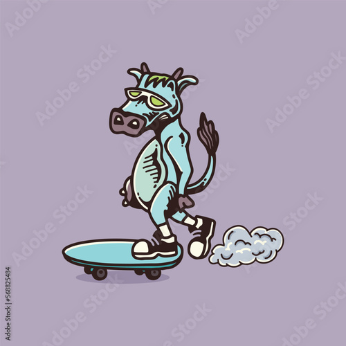 Cow play skateboard illustration