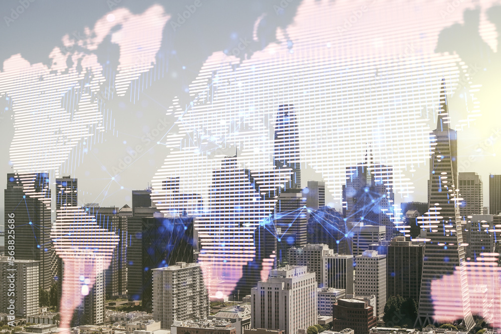 Multi exposure of abstract creative digital world map hologram on San Francisco skyscrapers background, research and analytics concept
