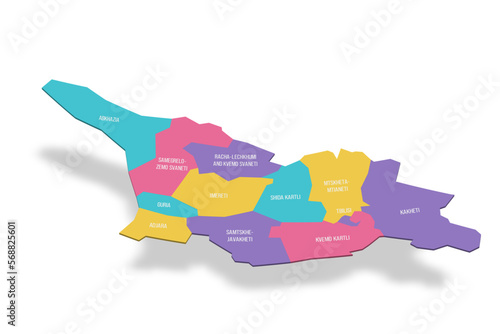 Georgia political map of administrative divisions - regions and autonomous republics of Abkhasia and Adjara. 3D colorful vector map with name labels.
