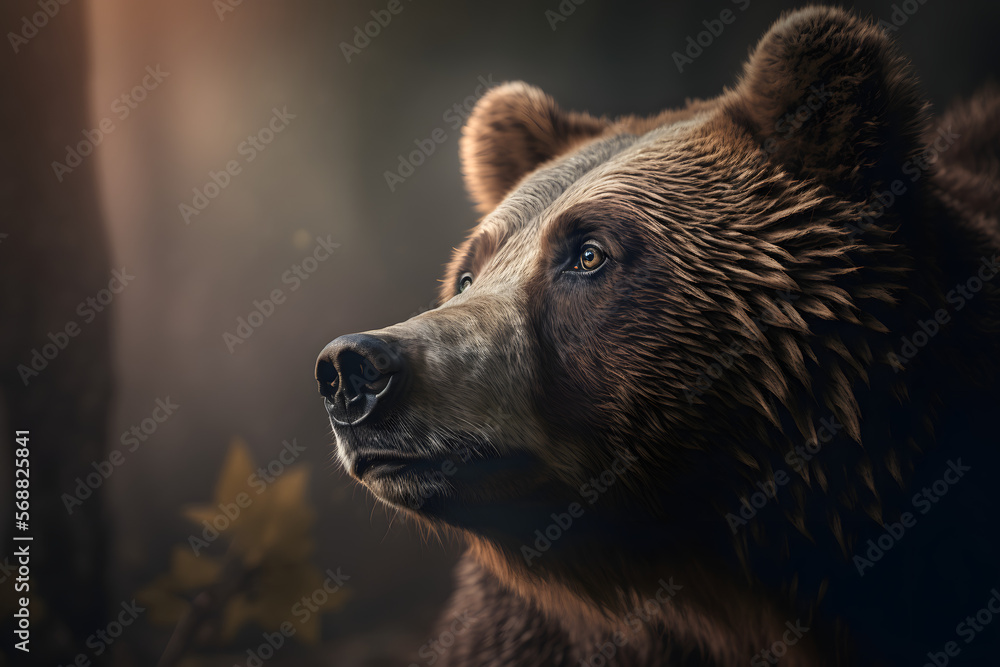 Portrait of a beautiful wild brown bear in the forest, Wildlife forest Background, Illustration generativ ai