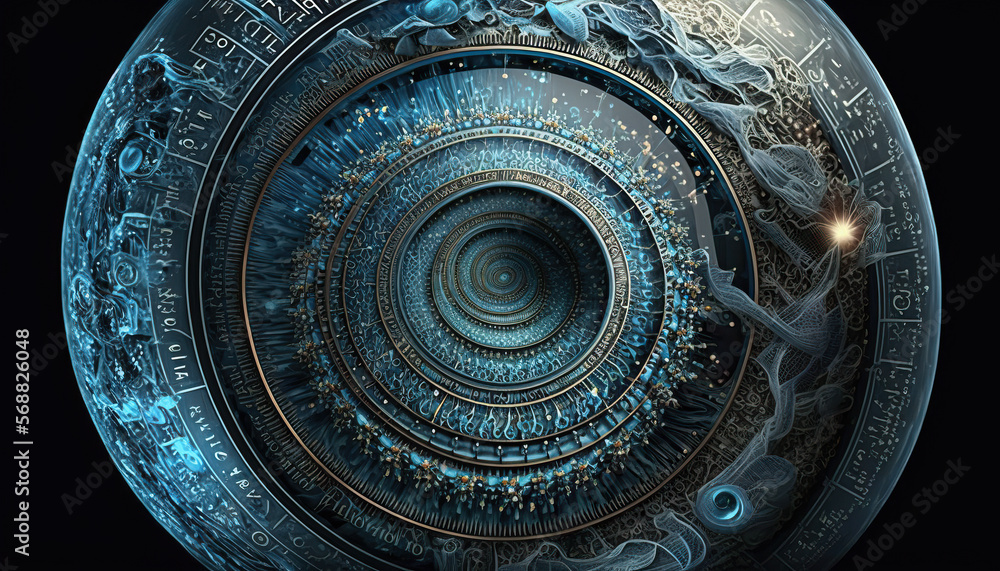 Alien technology desktop with blue abstract curved shapes and script; Generative AI