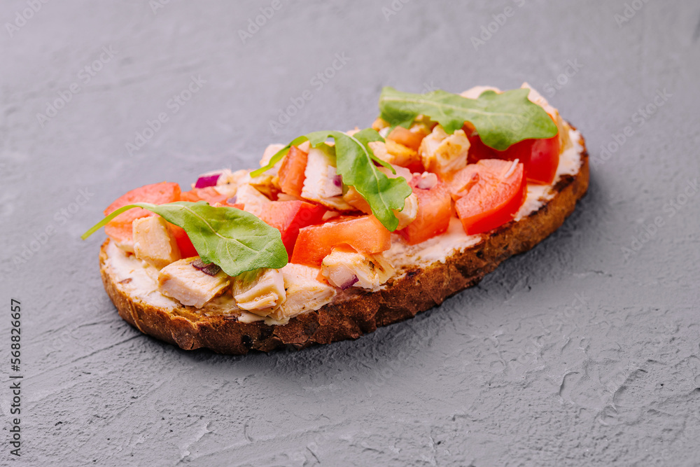 Italian antipasti bruschetta with grilled chicken Italian antipasti bruschetta with grilled chicken