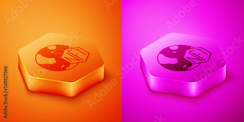 Isometric NFT Digital crypto art icon isolated on orange and pink background. Non fungible token. Hexagon button. Vector