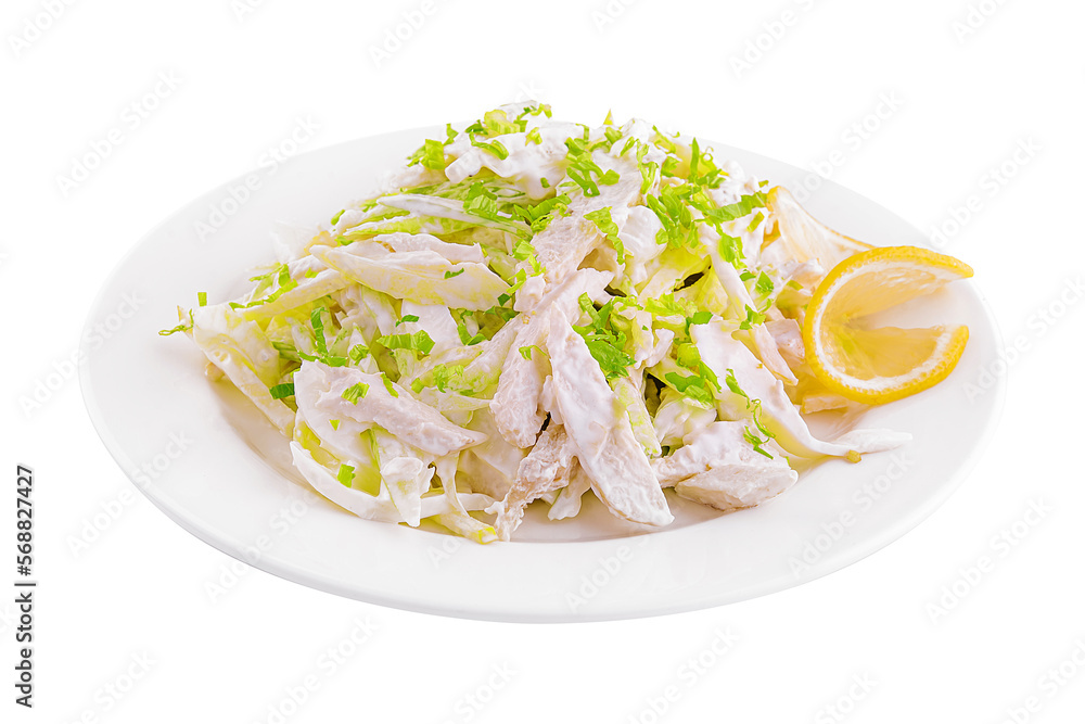 Plate of tasty salad with fresh vegetables and chicken