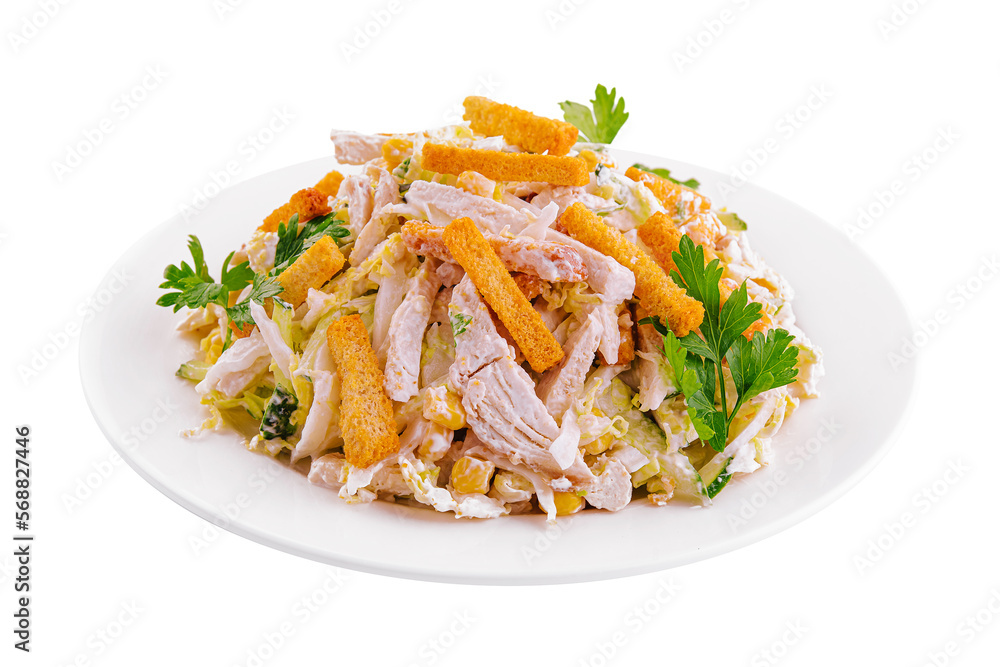 Salad of cabbage, crackers, tomato, chicken and corn Salad of cabbage, crackers, tomato, chicken and corn