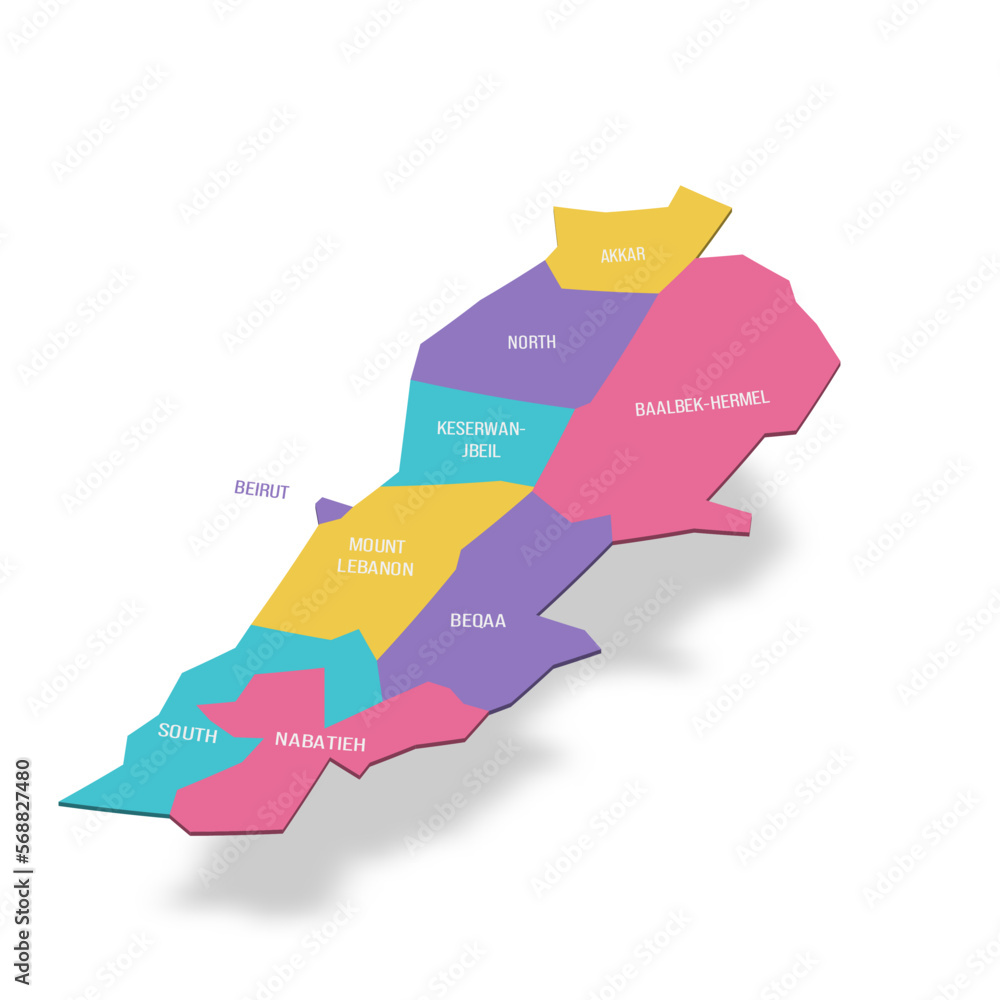 Lebanon political map of administrative divisions governorates. 3D