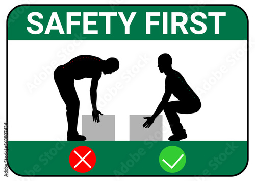 Safety first. Silhouettes of people lifting weights in the correct and incorrect way. Vector.