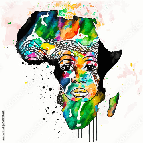 Moving representation of an African child integrated into a map of Africa in bright colors and African artistic style.