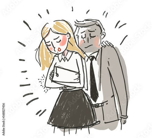 A dominant man in a suit harassing a woman at work. Vector illustration refuting sexual harassment and evoking solidarity and courage.