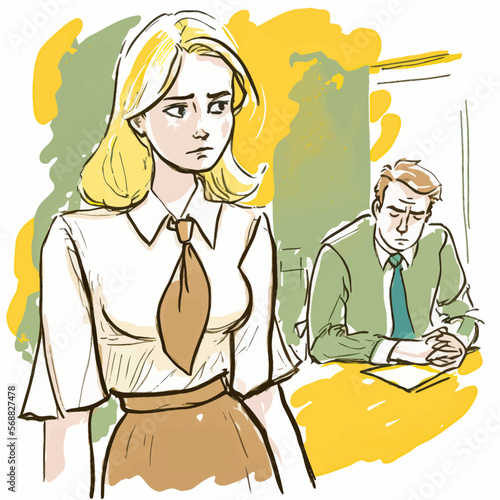 A vector illustration of a male in a suit harassing a female colleague or subordinate in a workplace setting. Emotionally-charged scene capturing power dynamics of sexual harassment.