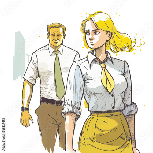 Man in suit imposingly dominates woman colleague in workplace harassment scene. Vector illustration of power imbalance and office harassment.