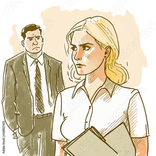Dominant male in a suit harassing a female colleague or subordinate. Vividly illustrated vector scene of workplace sexual harassment. Perfect for conveying the magnitude and impact of this issue.