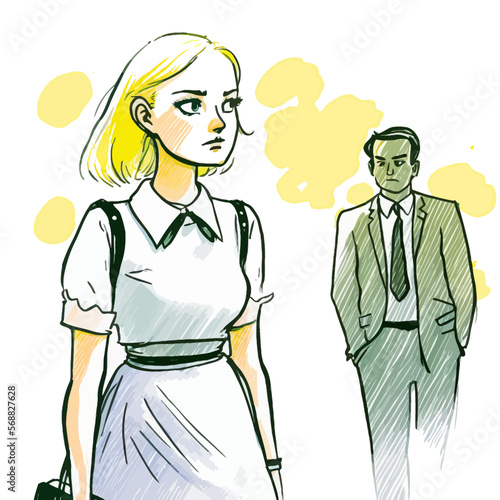 Man bullying a woman, vector illustration showing sexual harassment at work. Ideal choice to illustrate the effects of gender inequality.