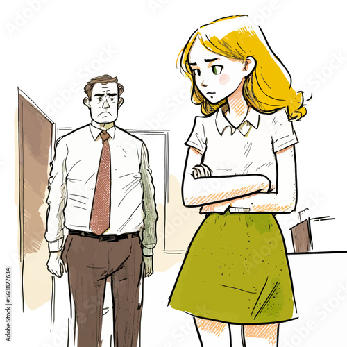 Vector illustration of workplace sexual harassment with a male figure wearing a suit intimidating a female colleague or subordinate. Perfect for empathetic visuals or communication campaigns.