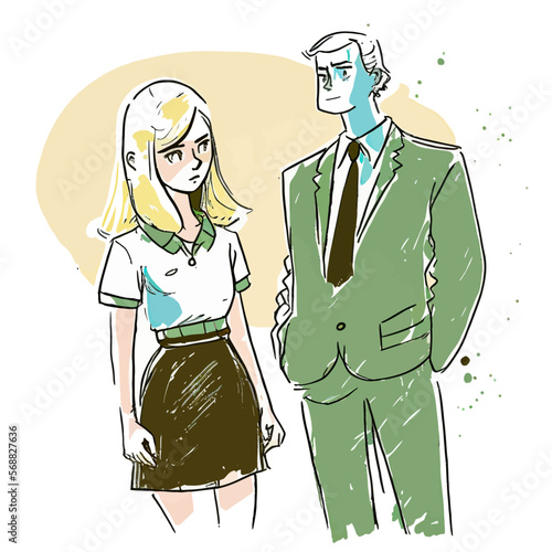 A man in a dominant suit is harassing a young woman at work. Vector illustration perfectly suited for graphic needs and sexual harassment awareness.