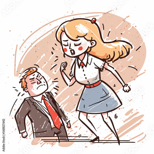 A woman objecting to an act of sexual harassment suffered by her from her boss. Vector illustration representing feminism.