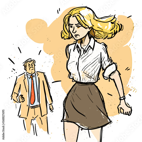 A woman in a position of strength defends her dignity and takes a stand against the sexual harassment of her boss. Concept at the cutting edge of feminism, illustrated vectorially.