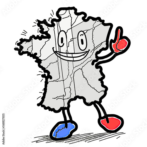 A smiling character, typically French, takes the form of a map of the country. Vector illustration, for a maximum graphic impact.