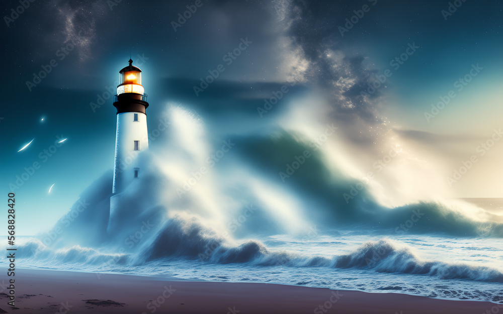 Lighthouse on the sandy beach and Milky Way on the sky.Generative Al Illustration.