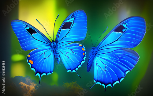 Beautiful blue butterflies in the rainforest.Generative Al Illustration