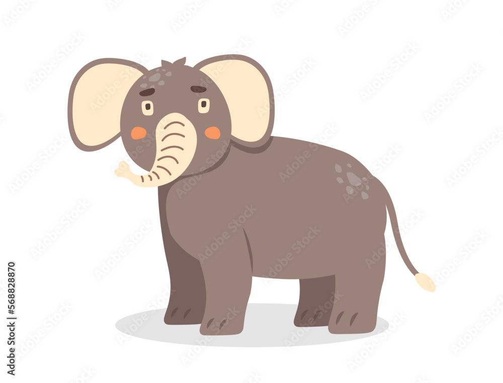 Fototapeta premium Cute baby grey elephant standing with raising up trunk. Funny happy huge african animal character. Colored flat vector illustration isolated on white. Herbivorous mammal animal. Fauna of savanna.