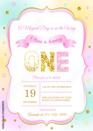 invitation card for the girl's first birthday party. Template for baby shower invitation. one year	
