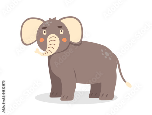 Cute baby grey elephant standing with raising up trunk. Funny happy huge african animal character. Colored flat vector illustration isolated on white. Herbivorous mammal animal. Fauna of savanna. © OlyaOk