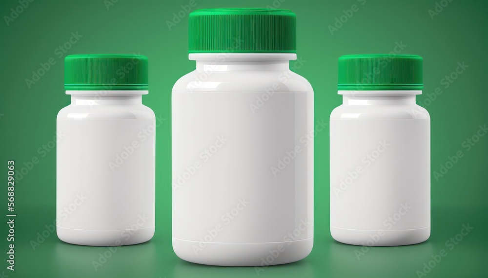 Three blank white plastic bottles of medicine pills or supplements on green background with side copy space. Generative AI Three blank white plastic bottles of medicine pills or supplements on green background with side copy space. Generative AI