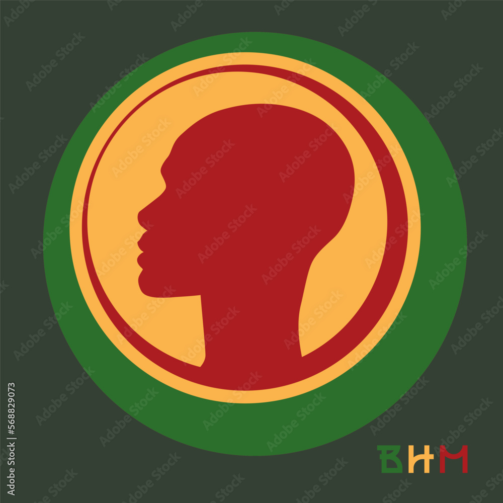 Round Black History Month logo with a silhouette of an African American woman's head in profile.