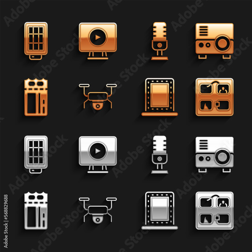 Set Drone flying, Media projector, Storyboard, Makeup mirror with lights, Cinema ticket, Microphone, Softbox and Online play video icon. Vector