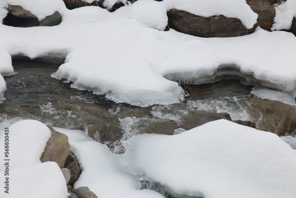 View of alpine river in the snow