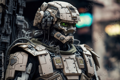 Combat robot or human in combat suit with big gun, green eye visor and body armor, humanoid android artificial intelligence, Generative AI